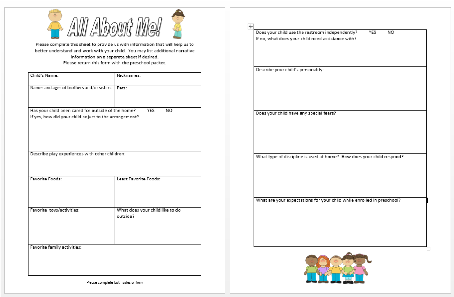 Sample All about me activity form for early childhood education