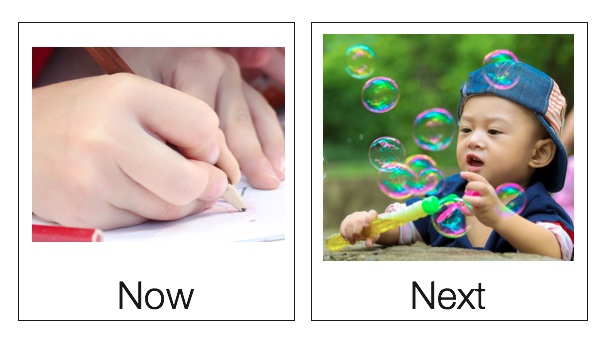 Child's hand with a pencil writing to depicy now and a small child blowing bubbles to depict later