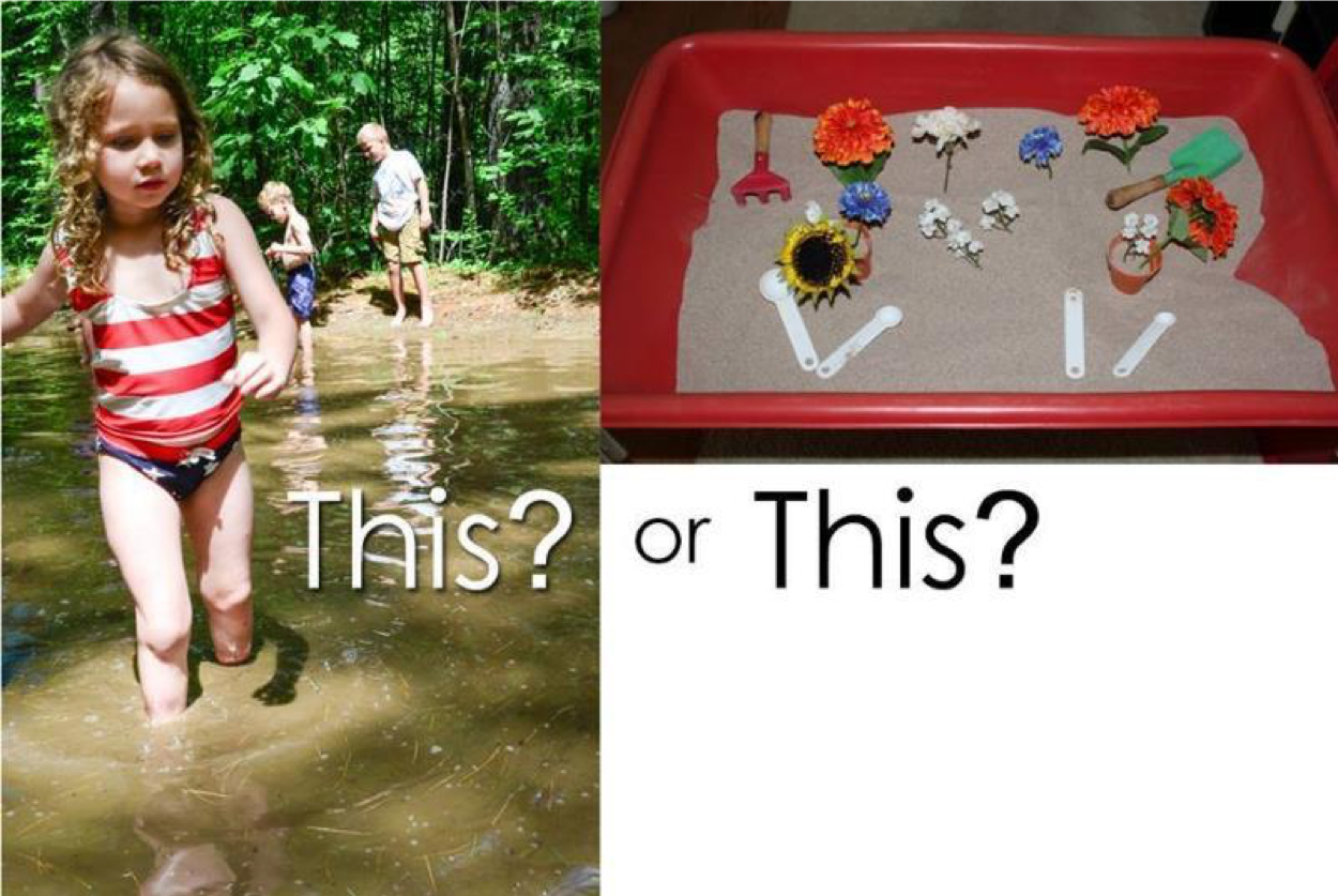 Kids playing in a sandy creek and sensory bin with sand and objects for early childhood education