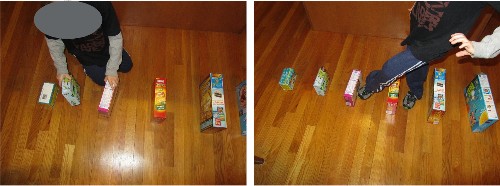 Side by side images of a child stacking recycled food boxes by size and stepping between the boxes