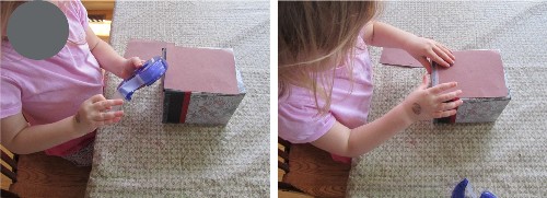 Homemade dice from a tissue box.