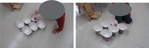 Side by side images of a child rolling a dice in one of six recycled ice cream containers