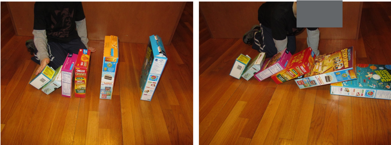 Early childhood education activity with a child creating cereal box dominos to reinforce recycling concepts