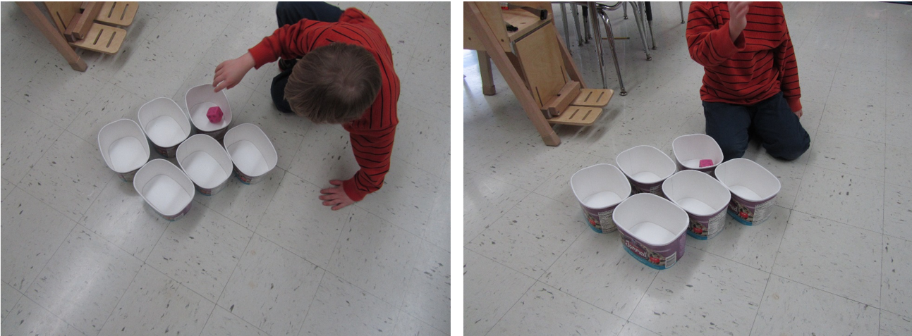 Side by side images of a child rolling a dice in one of six recycled ice cream containers
