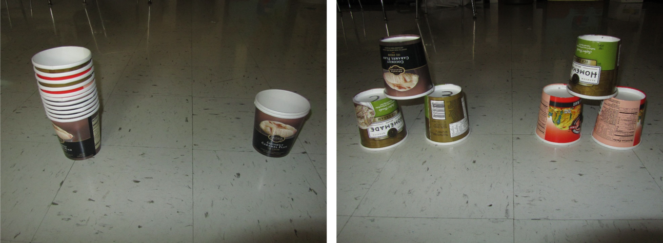 Side by side images of empty pint ice cream containers stacked in a single stack and stacked as a pyramid