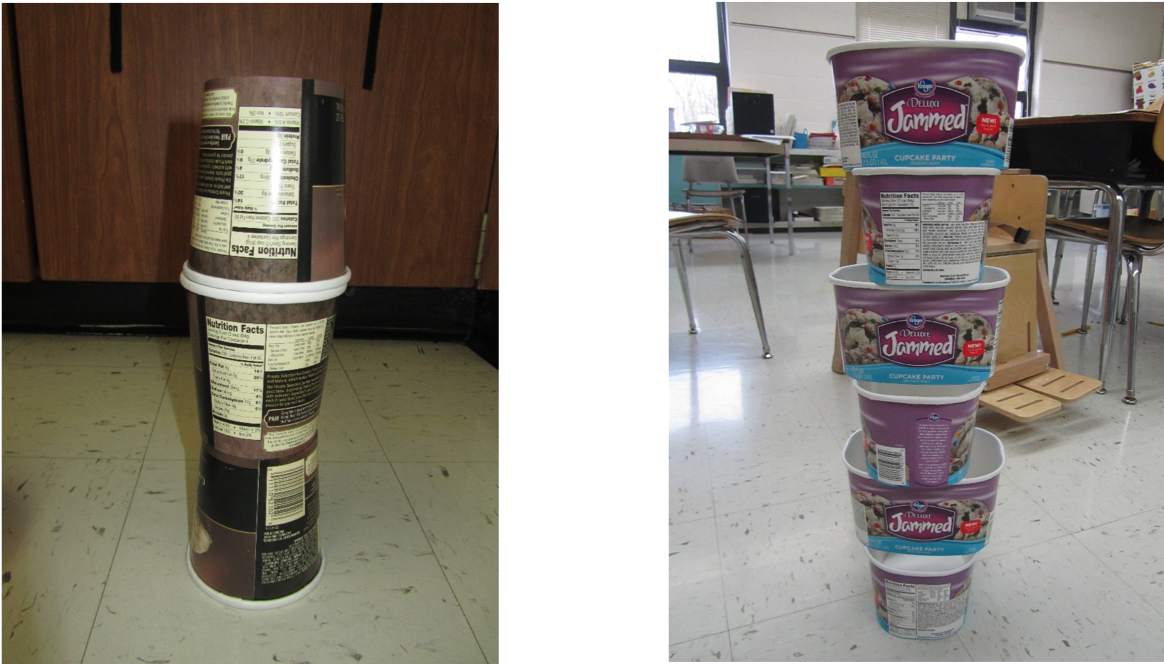 Side by side images of empty ice cream containers stacked end to end as single towers