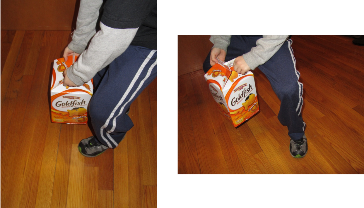 Side by side images of a child standing in different positions holding a large Goldfish cracker carton