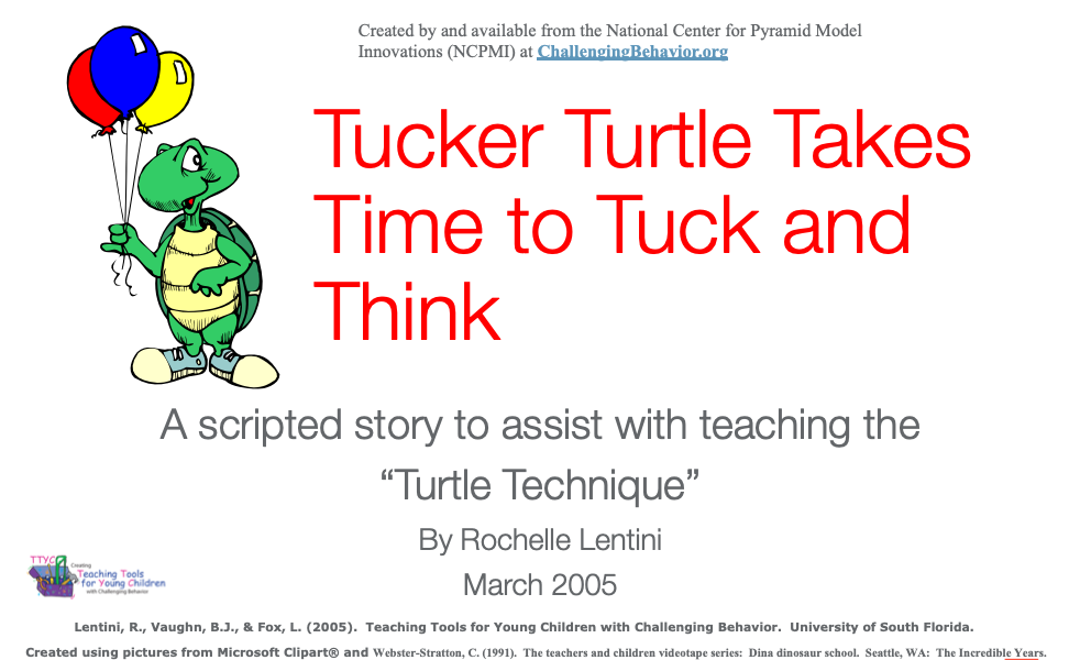Story title page for Tucker Turtle Takes Time to Tuck and Think with a standing turtle holding three balloons