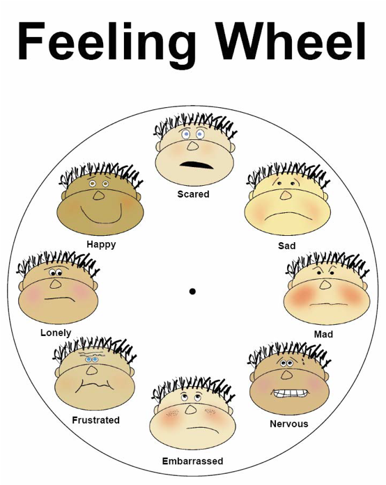 Wheel of feelings with 8 faces arranged in a circle showing a variety of emotions