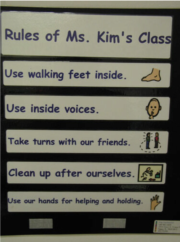 Classroom rules chart using words paired with drawings to define the rules for children
