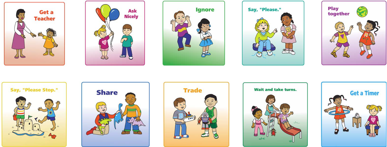 Two rows of five cards with each card showing a classroom behavior in words and pictures