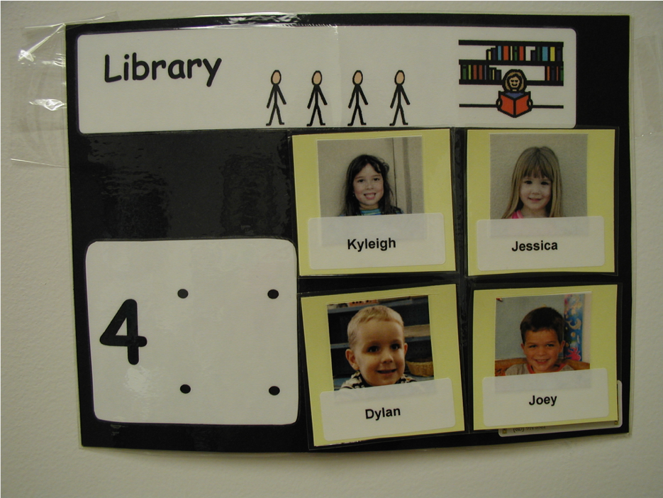 Name Tags and Center Self-Regulation Boards with moveable images of the children in the library center