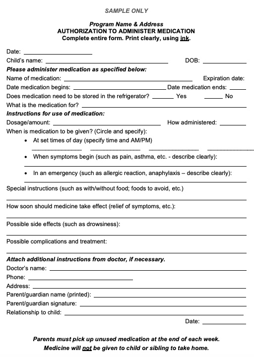 Sample authorization to administer medication form