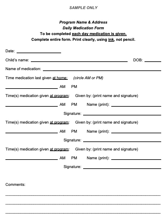 Sample daily medication administration record form