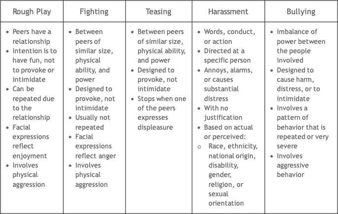 Bullying behavior analysis chart showing bulleted lists for rough play fighting teasing harassment and bullying