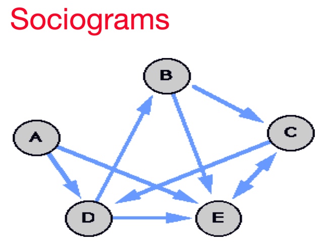 Sociogram diagram example showing the interconnected nature of 5 elements labeled A-E. 