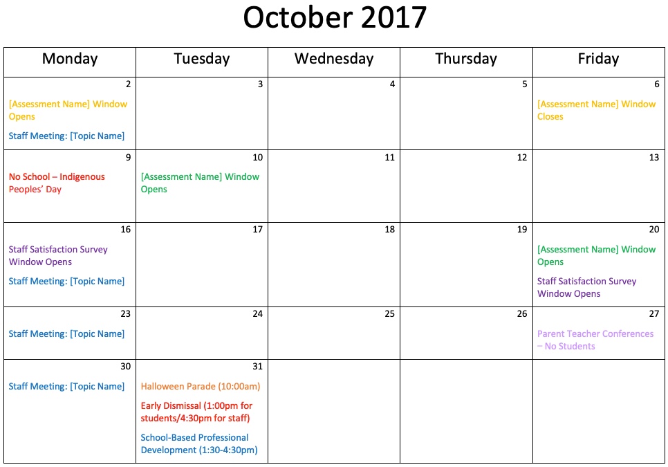 Sample monthly calendar from actual child care center