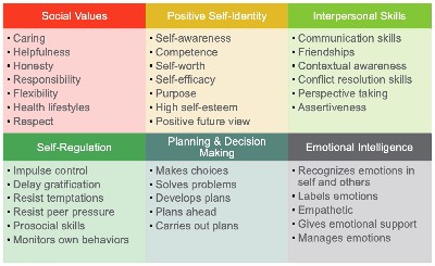 Elements of social competence including social values, positive self-identity, interpersonal skills, self-regulation, planning and decision making, and emotional intelligence
